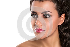 Beautiful caucasian woman with makeup, pink lips, looking, isol