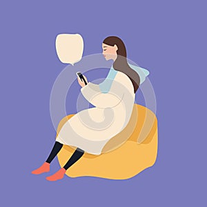 Beautiful caucasian woman sitting on a puff chair using smartphone, vector illustration on blue background