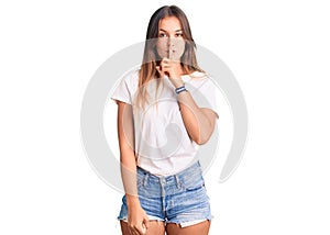 Beautiful caucasian woman wearing casual white tshirt asking to be quiet with finger on lips