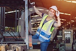 Beautiful caucasian woman worker in heavy industry happy smile