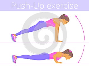 The beautiful caucasian young woman is doing the push-up exercise.