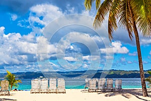 Beautiful Cayo Levantado island beach with palms. Samana, Dominican Republic. Vacation travel background photo