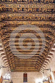 The beautiful ceiling in one of the halls of the silk trading building `Llotja de la Seda` in Valencia, Spain photo