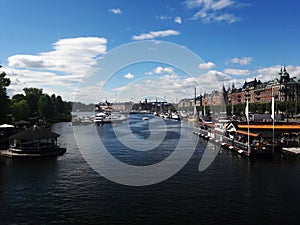 Beautiful center of Stockholm lake, river. Summer