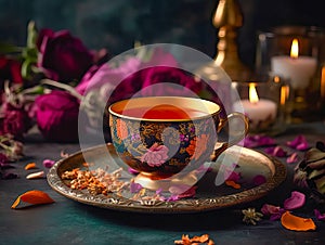 Beautiful ceramic cup of tea. Tea asian ceremony. Arabic tea. indian tea