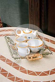 Beautiful ceramic tea set on a table