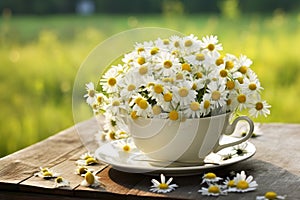 Schön Kamille Blumen tasse auf der hölzern tisch draußen Kamille Blumen tasse für tee auf der hölzern tisch im garten generiert 