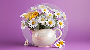 Beautiful chamomile flowers in vase on purple background. Generative Ai