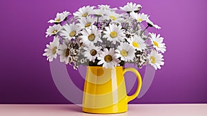Beautiful chamomile flowers in a yellow vase on a purple background. Generative Ai