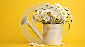 Beautiful chamomile flowers in yellow watering can on yellow background. Generative Ai