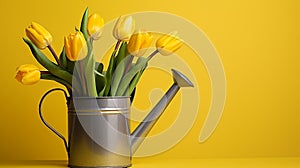 Beautiful chamomile flowers in yellow watering can on yellow background. Generative Ai