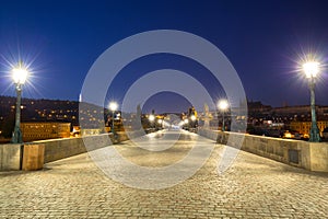 Beautiful Charles bridge in Prague at night, Czech Republic