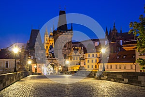 Beautiful Charles bridge in Prague at night, Czech Republic