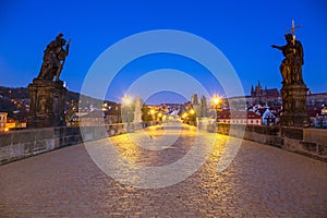 Beautiful Charles bridge in Prague at night, Czech Republic