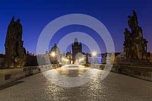 Beautiful Charles bridge in Prague at night, Czech Republic