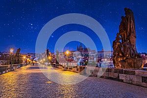 Beautiful Charles bridge in Prague at night, Czech Republic