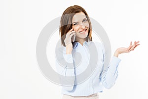 Beautiful charming business woman speaks on phone, isolated on white background, girl talking on mobile phone