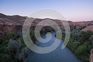 Beautiful Charyn river canyon in mornin time. Black canyon viewpoint on Sharyn river