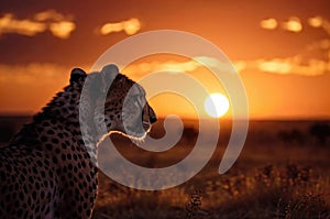 Beautiful cheetah staring into the sunset on a grassy plain. Amazing African Wildlife