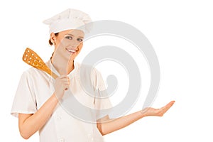 Beautiful chef presenting new recipe isolated over white