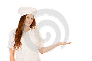 Beautiful chef presenting new recipe isolated over white