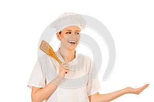 Beautiful chef presenting new recipe isolated over white