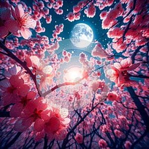 Beautiful cherry blossom and full moon in the night sky