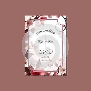 Beautiful cherry blossom patterned wedding invitation template with border box