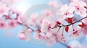 Beautiful cherry blossom sakura flowers over blue sky background