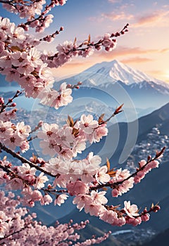 Beautiful cherry blossom sakura with Mount Fuji at sunset, Japan