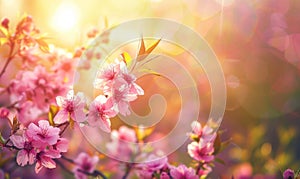 Beautiful cherry blossoms in spring time with sun rays and lens flare, nature background. Cherry blossom background with
