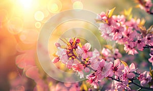 Beautiful cherry blossoms in spring time with sun rays and lens flare, nature background. Cherry blossom background with