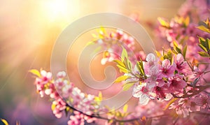 Beautiful cherry blossoms in spring time with sun rays and lens flare, nature background. Cherry blossom background with