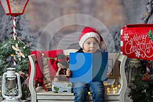 Beautiful child, blond toddler boy, reading a book, sitting on a bench with christmas decoration