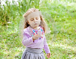 Beautiful child blows on dandelion in the summer