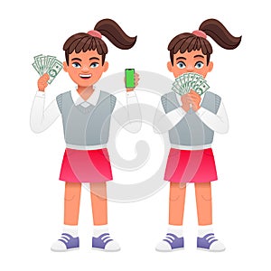 A beautiful child with money in his hand. The girl holds dollar bills in one hand and a smartphone in the other. The girl is