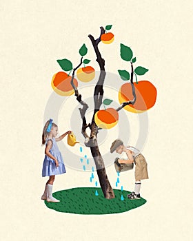 Beautiful children, boy and girl in stylish clothes taking care after garden, watering peach tree. Contemporary art