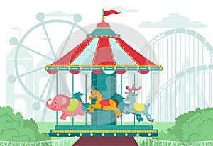 Beautiful children carousel at city amusement park. Carnival entertainment equipment with horse and elephant. Boys and