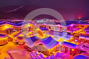 The beautiful China snow town at night