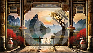 beautiful Chinese background with mountains and nature