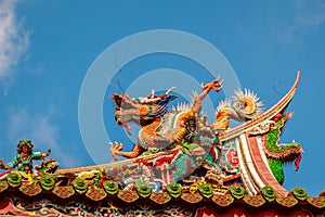 Beautiful Chinese dragon sculpture on the roof at Lungshan Temple of Manka, Buddhist temple in Wanhua District, Taipei, Taiwan.