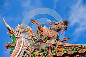 Beautiful Chinese dragon sculpture on the roof at Lungshan Temple of Manka, Buddhist temple in Wanhua District, Taipei, Taiwan.