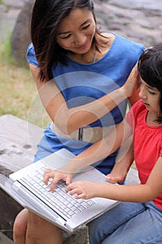Beautiful Chinese and little sister with laptop