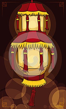 Beautiful Chinese Palace`s Lantern Lighten the Night with Bokeh Effect, Vector Illustration