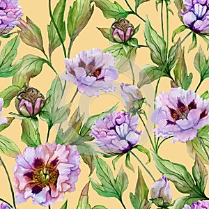 Beautiful Chinese peony with green leaves on beige background. Seamless floral pattern. Watercolor painting.