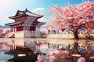 Beautiful chinese temple with cherry blossom in spring time, Gyeongbokgung palace with cherry blossom tree in spring time in seoul
