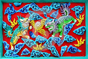 Beautiful Chinese Wall Decoration: Colorful Two Tigers on the Wall of Chinese Shrine