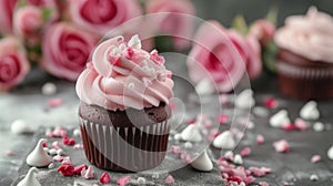 Beautiful chocolate cupcake, pink cream, meringue cookies and red roses on gray stone surface