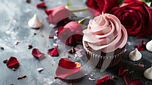 Beautiful chocolate cupcake, pink cream, meringue cookies and red roses on gray stone surface