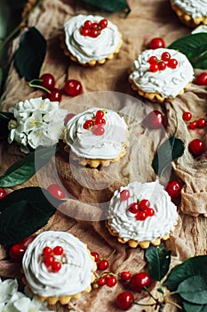 Beautiful chocolate cupcakes with white protein cream and cherry